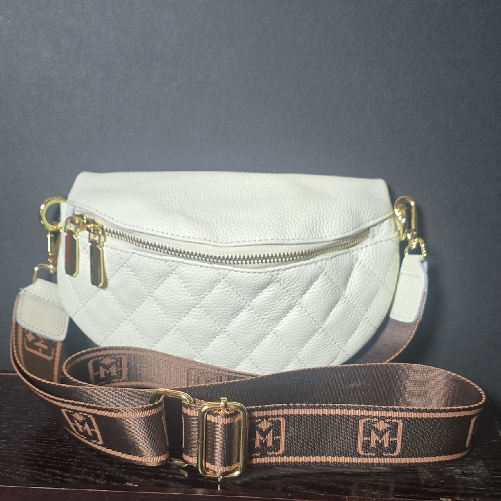 White Quilted Crossbody Bag with Brown Strap